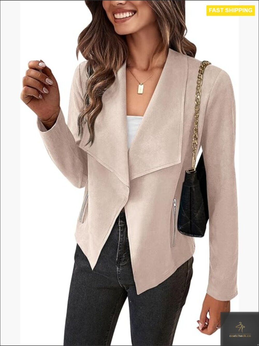 Faux Suede Cropped Jacket Waterfall Collar Open Front Chic Fall Casual Outerwear